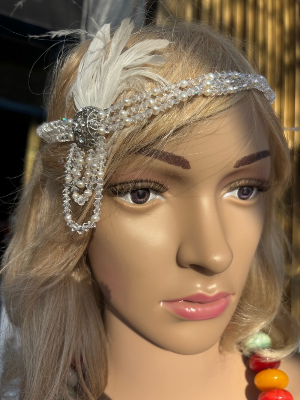 Pearl & Crystal Ivory Bridal Headband with Feather Accent